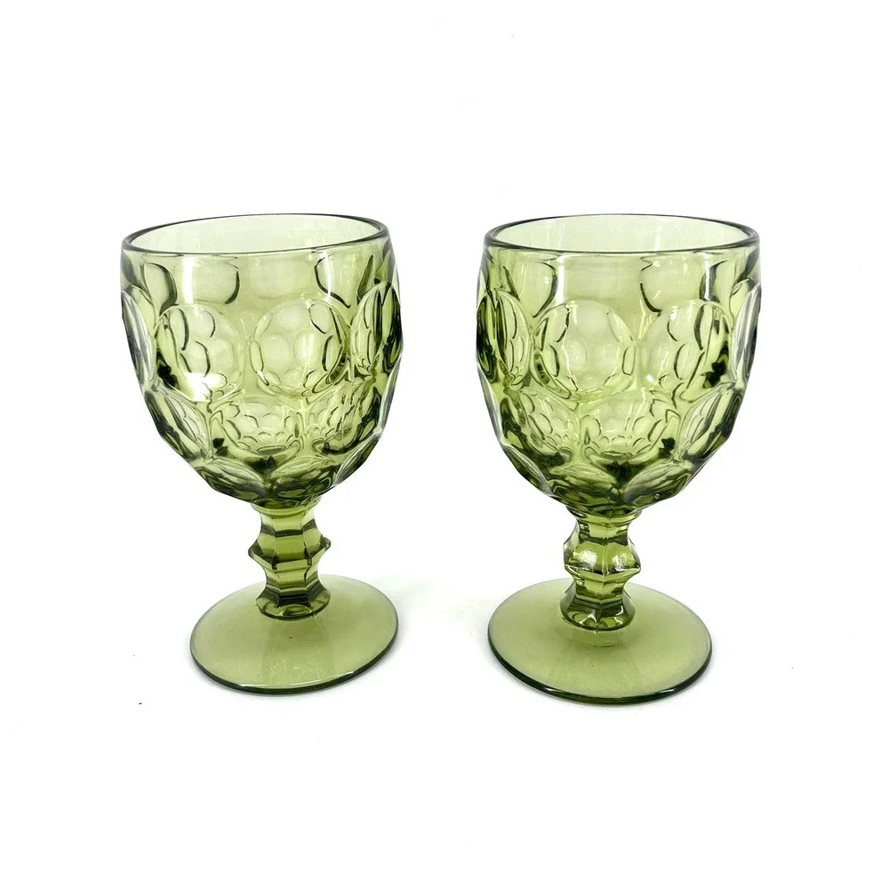 VTG Imperial Glass Avocado Green Thumbprint Goblets Set of 6 MCM Stemware